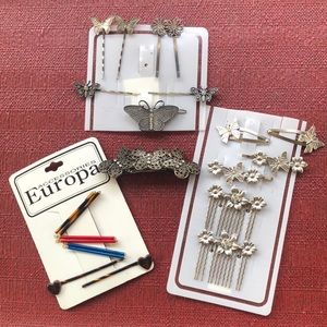 Large lot of silver-tone butterfly and flower hair clips bobby pins barettes